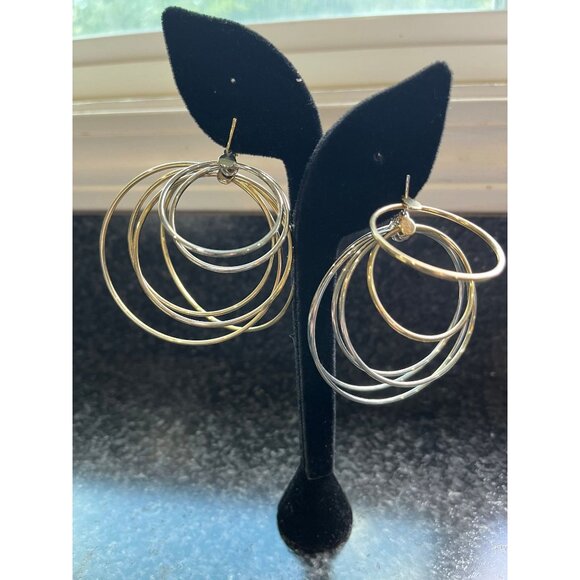 Vintage 1960's EMMONS Clip On Giant Hoop Earrings Silver And Gold 12 Concentric - Picture 7 of 10